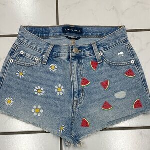 Aeropostale Women’s High Rise Daisy & Watermelon Denim Shorty Shorts Size 0